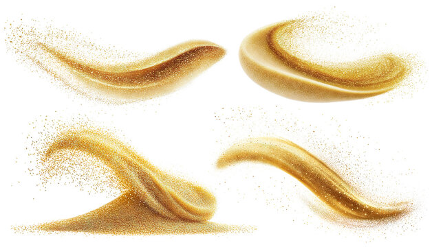 Set of golden sand splashes in dynamic motion, isolated on transparent cutout background