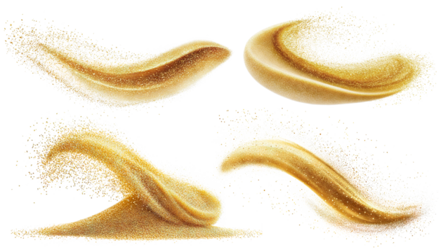 Set of golden sand splashes in dynamic motion, isolated on transparent cutout background