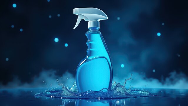 Spray bottle with repellent, Curved cyan-blue spray bottle on a galaxy background with dazzling overhead gloss lighting effects.
