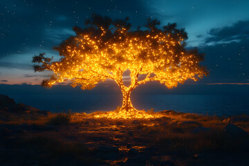 Glowing Illuminated Tree At Night On Coastline