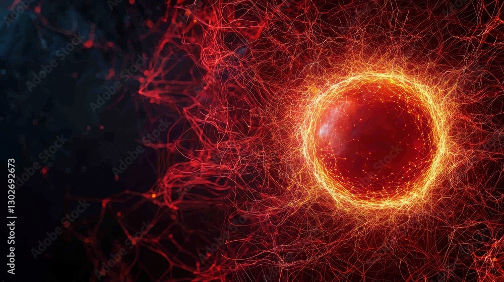 Poster A glowing red sphere surrounded by intricate, luminous web-like structures, set against a dark background, evoking a sense of energy and cosmic depth.