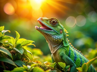 Fototapeta premium Miniature Forest Lizard Golden Hour - Tiny Reptile on Green Leaves