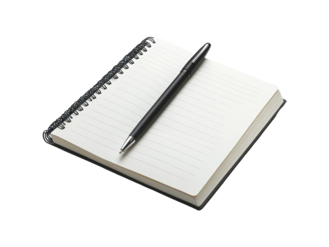 A black pen lies on a spiral bound notebook with blank pages, ready for writing.
