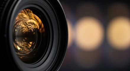 Detailed View of a Professional Camera Lens with Reflective Bokeh Background