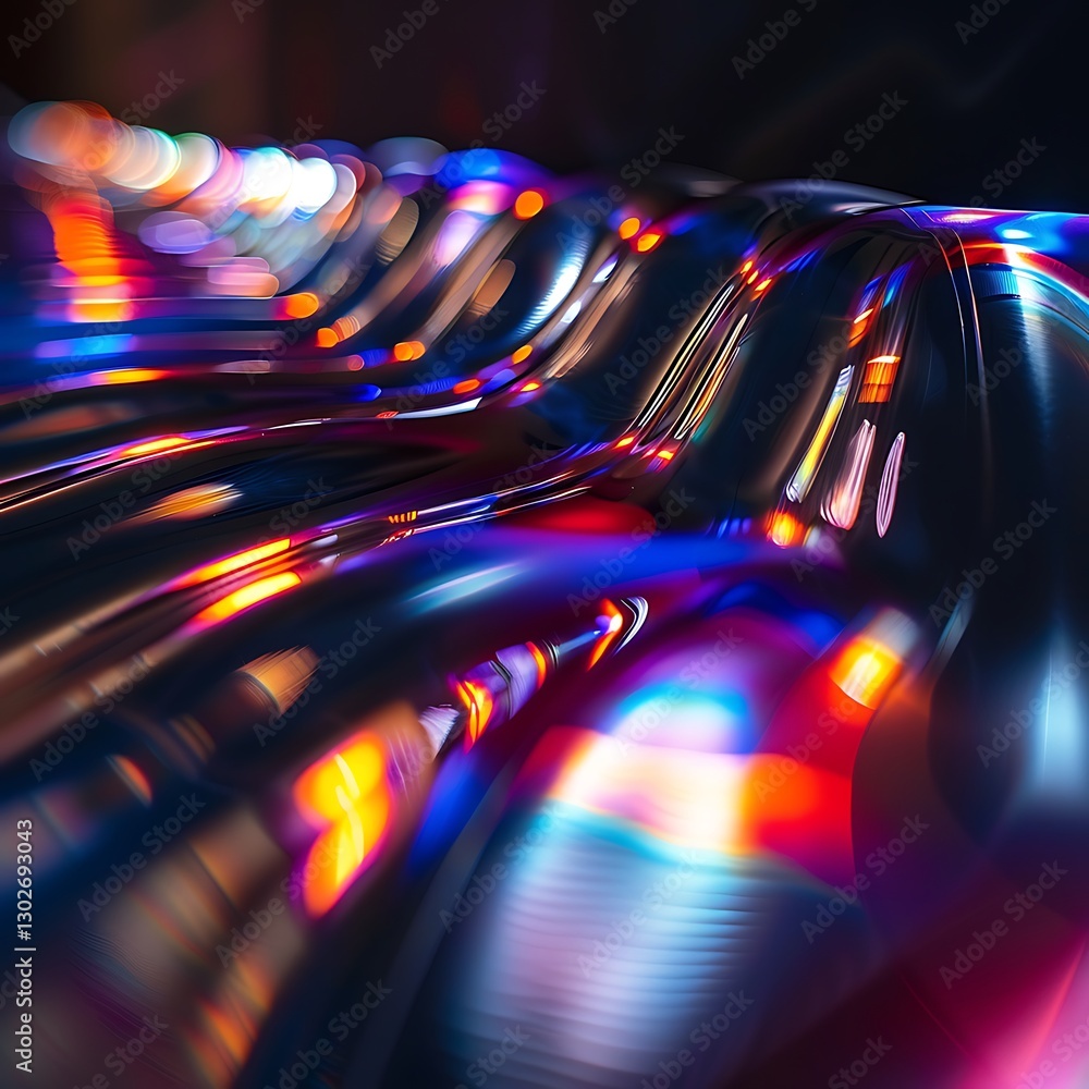 Poster abstract wavy metallic surface with blurred colorful bokeh lights. shiny, dynamic texture with vibra