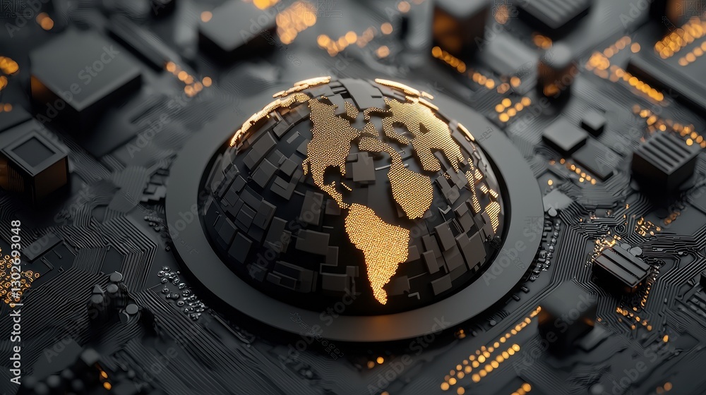 Poster a digital globe embedded in a circuit board, illuminated with golden details, symbolizes technology'