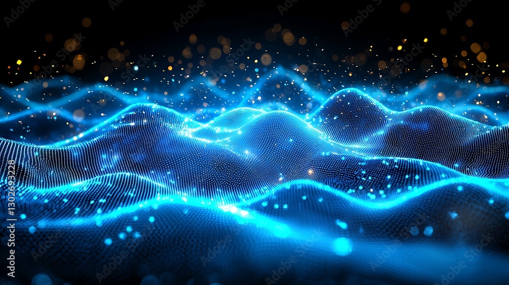 Wall mural digital blue wave with particles, futuristic tech, abstract background for presentations