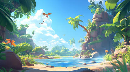 Cartoon 3d tropical jungle landscape or jungle beach game concept art