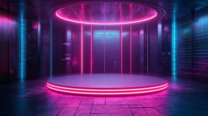 Empty podium in a futuristic virtual space, with interactive holograms, neon grids, and digital walls all around 