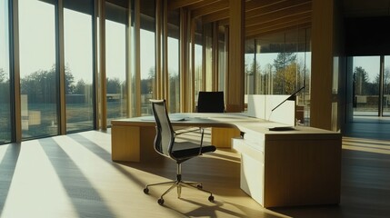 Modern minimalist office with empty desks and chairs, large windows, and ample copy space, symbolizing workspace demand and professional environment.