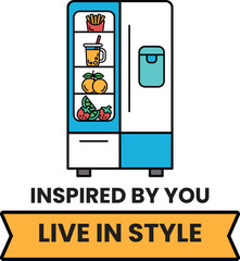 A refrigerator with a blue and white door that says 