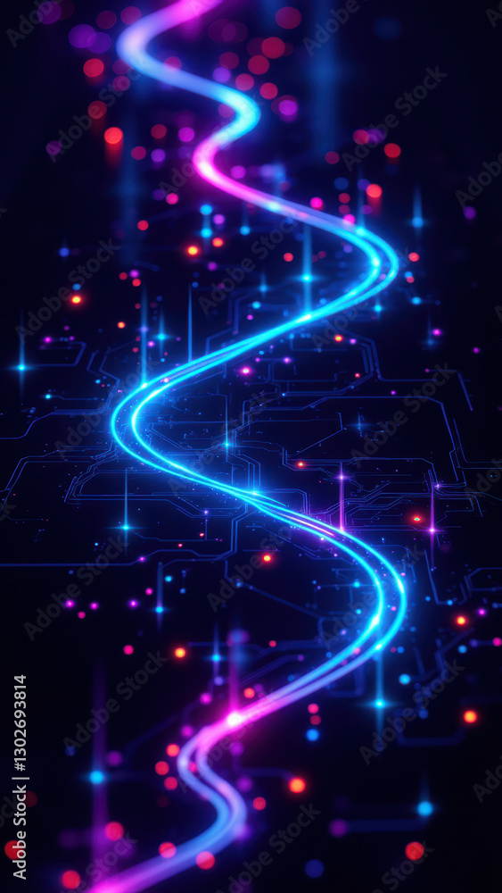 Poster a dynamic digital abstract with vibrant colors, cybernetic patterns, and nebulous shapes that evoke 