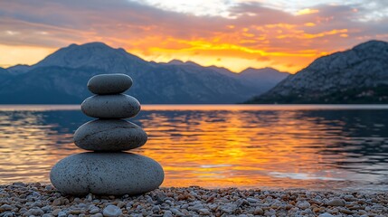 Four balanced stones on beach at sunset, mountains and water in background, used for peace
