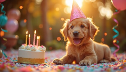Festive Celebration with a Golden Puppy in a Birthday Hat Enjoys Cake and Balloons, creating a Heartwarming Memory with Sparkling Light and Playful Confetti