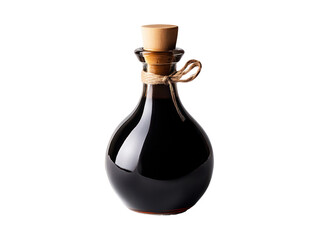 The image presents a bottle of dark liquid with a cork, likely some kind of culinary ingredient.