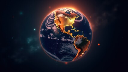 Time zone map, A glowing Earth globe in dark space with bright time zones and city lights illuminating hemispheres