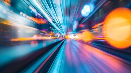 Speeding through an urban cityscape at blurred nighttime velocity