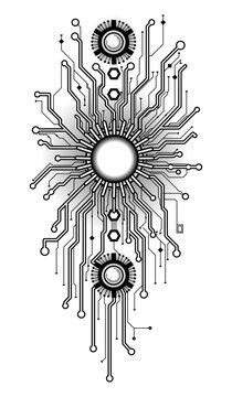 An abstract black and white image in the style of a circuit board. Geometric lines, dots and nodes create a techno-art design reminiscent of a tattoo style with cyberpunk elements.