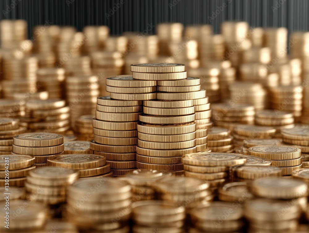 Poster a close-up view of a large pile of golden coins stacked in a financial setting