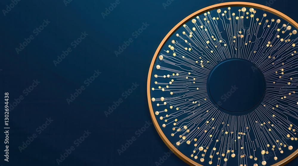 Poster A visually striking abstract design featuring a circular pattern with radiating lines and dots against a deep blue background.