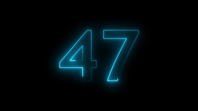 Abstract glowing neon text 47 number countdown icon. Educational mathematics 47 animation on black background.