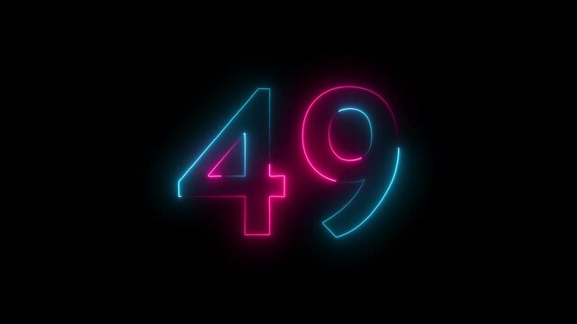 Abstract glowing neon text 49 number countdown icon. Educational mathematics 49 animation on black background.