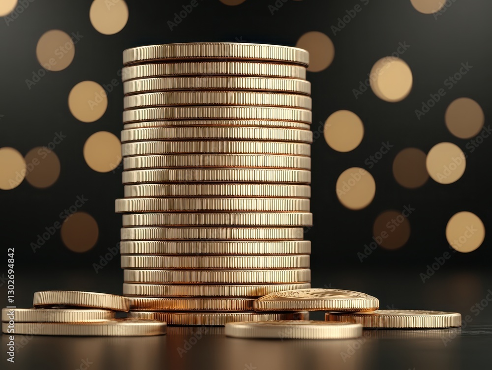 Aufkleber a stack of golden coins illuminated by soft bokeh lights in the background
