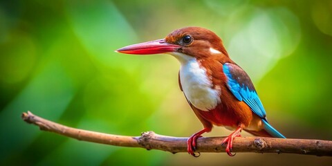 Obraz premium Miniature White-throated Kingfisher Perched on Branch, Tilt-Shift Photography