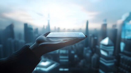 Mobile phone in hand and city background