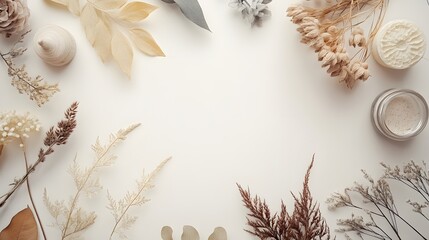 An overhead view of natural elements and cosmetic products