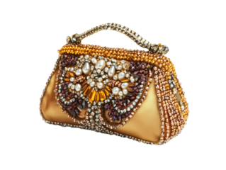 This image features a close-up of a luxurious, jewel-encrusted golden evening handbag, showcasing fine craftsmanship.