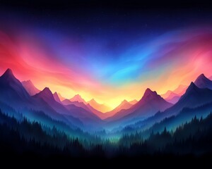Obraz premium Breathtaking digital landscape illustration of vibrant mountains under a dramatic colorful sky with glowing twilight hues