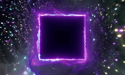 abstract sci-fi purple neon square frame distorting space with glowing particles around it