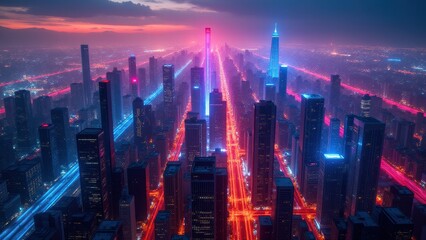 Fototapeta premium Time zone map, Neon city districts glowing based on world time zones visible from above.