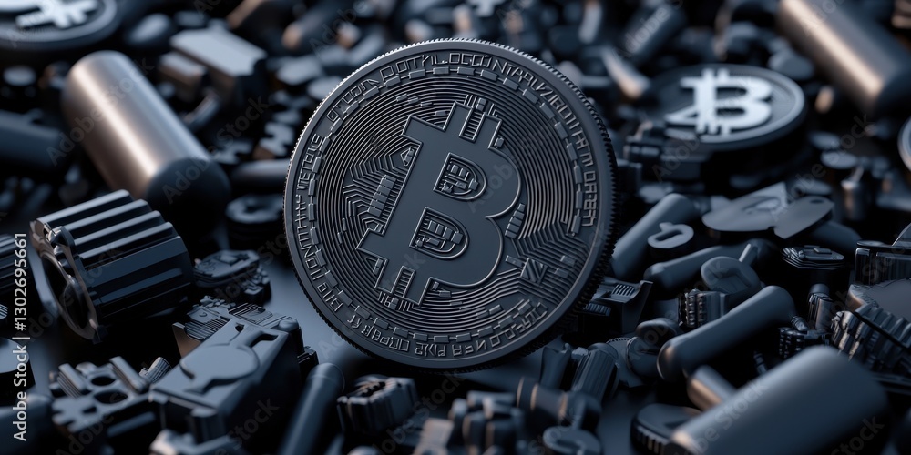 Poster a close-up of a black bitcoin surrounded by various cryptocurrency-related symbols and shapes, empha