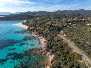 Aerial view of Teulada coast from the SP71 coastal road, with Tuerredda beach, Sardinia, Italy © fabiano goremecaddeo