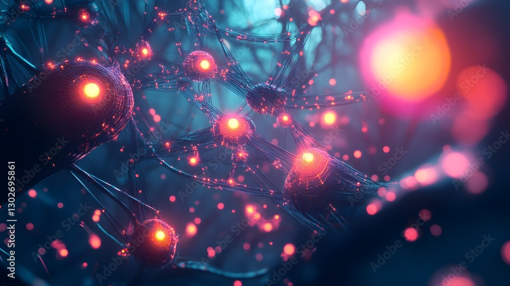 Poster glowing neural network showing many connected and active cells