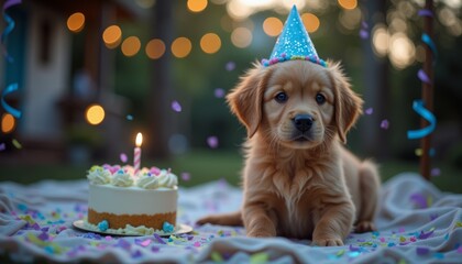 Golden Retriever Puppy Celebrating Birthday with Cake and Party Hat, creating a heartwarming and joyful scene, a perfect blend of cuteness and festive atmosphere