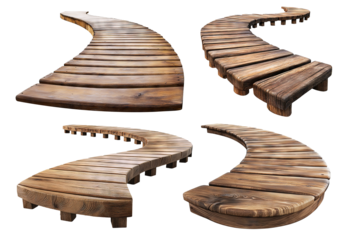 Set of curved winding wooden piers, isolated on transparent cutout background