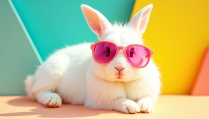 Whimsical white rabbit with vibrant pink sunglasses against a playful geometric backdrop radiates fun and charm in a studio shot setting, bringing joy