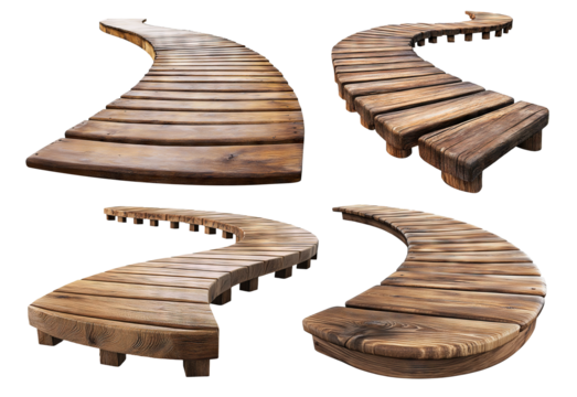 Set of curved winding wooden piers, isolated on transparent cutout background