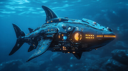 Fototapeta premium Futuristic robotic shark swimming underwater with glowing lights and complex details. The shark's streamlined form suggests speed and high-tech exploration.