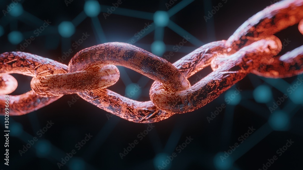 Poster A close-up view of a glowing digital chain link, symbolizing connectivity and technology against a dark network background.
