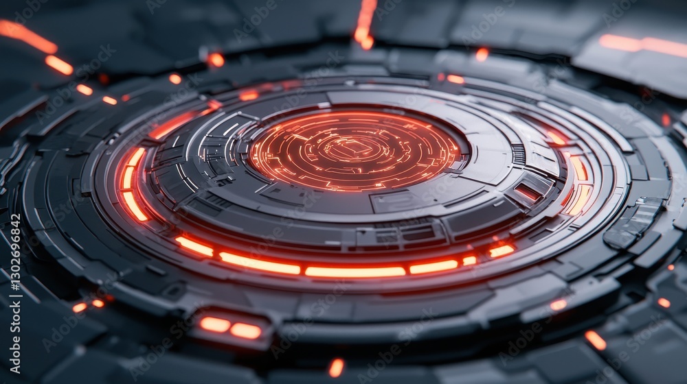 Poster A futuristic circular design with glowing red elements, featuring a metallic texture and intricate details, suggesting advanced technology.