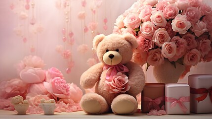Sweet Valentinea??s Day scene with a cuddly teddy bear, pink heart, and delicate roses