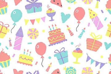 Seamless pastel birthday pattern with cakes, balloons, gifts, and candies.