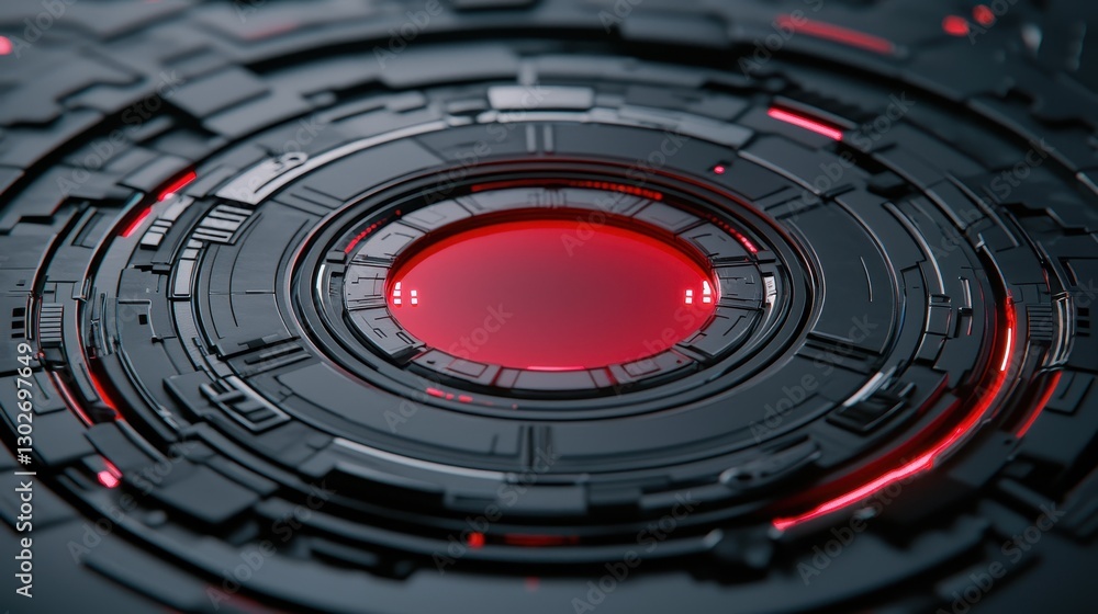 Poster A futuristic circular design featuring a glowing red center, surrounded by intricate dark patterns and textures.