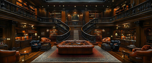 Obraz premium Grand Luxurious Library Interior With Wooden Furniture