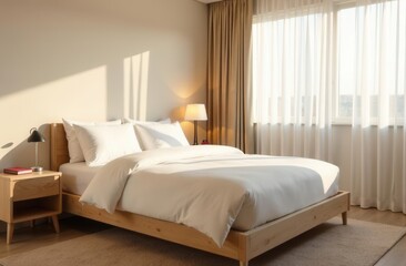 Cozy minimalist bedroom with wooden bed frame and sunlit curtains