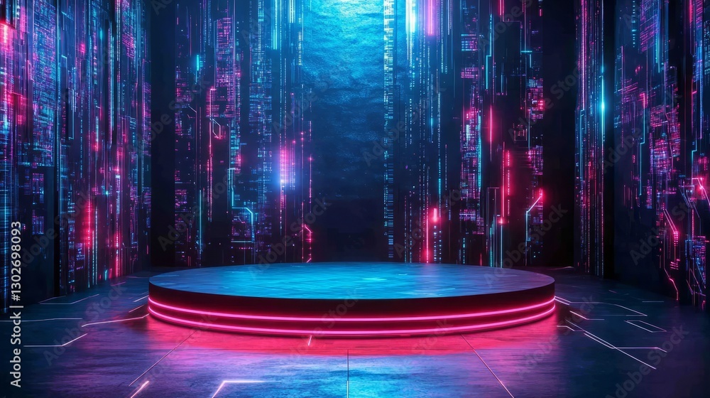 Poster empty podium in focus, with a glowing neon floor and walls covered in digital patterns, set in a cyb